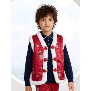 Kids Lunar Chinese New Year Red Vest White Fur Red Satin Brocade Boy Girl Unisex